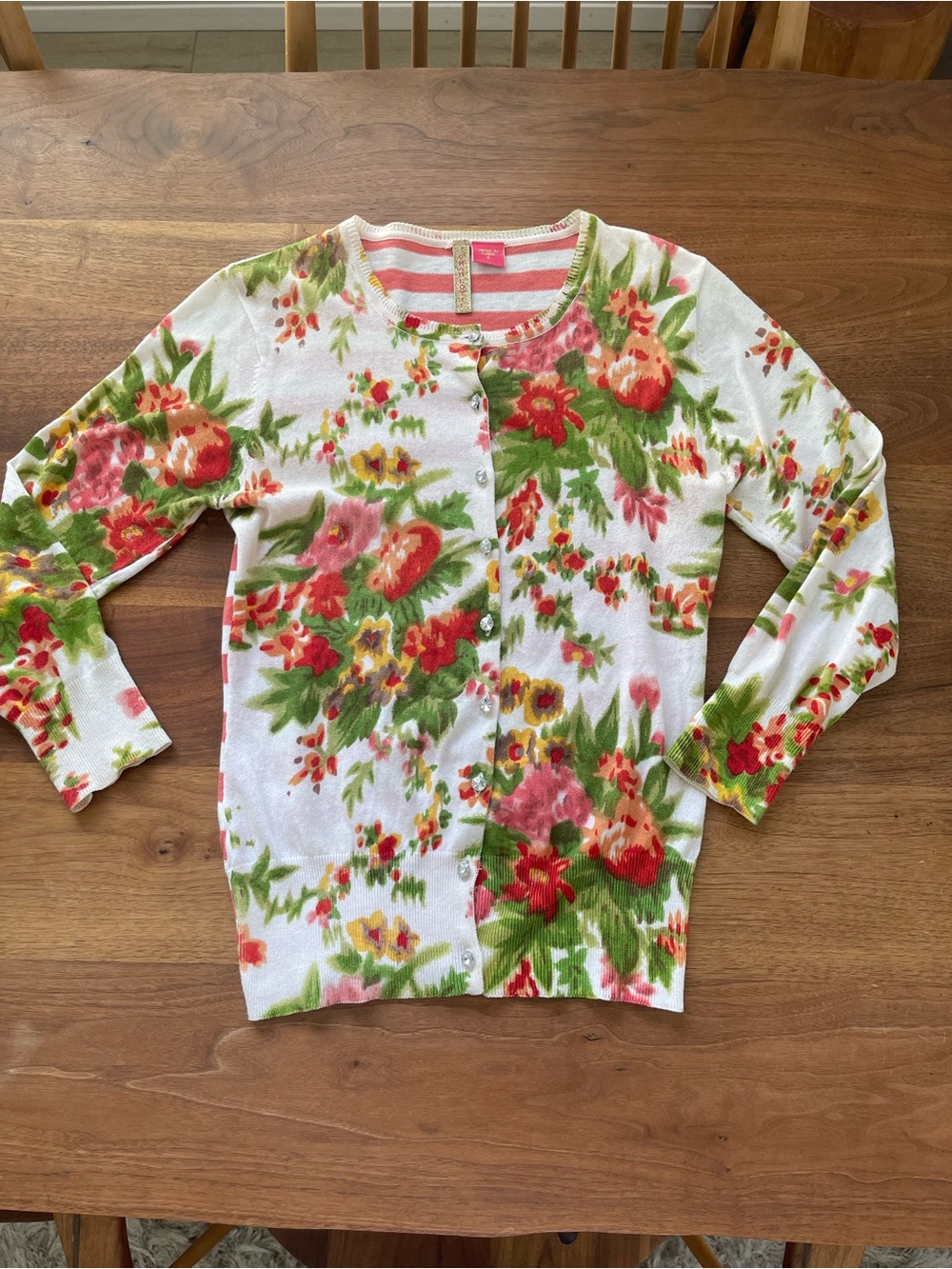 Charlotte Floral Crewneck Cardigan Sweater - White with Red & Green Floral Print